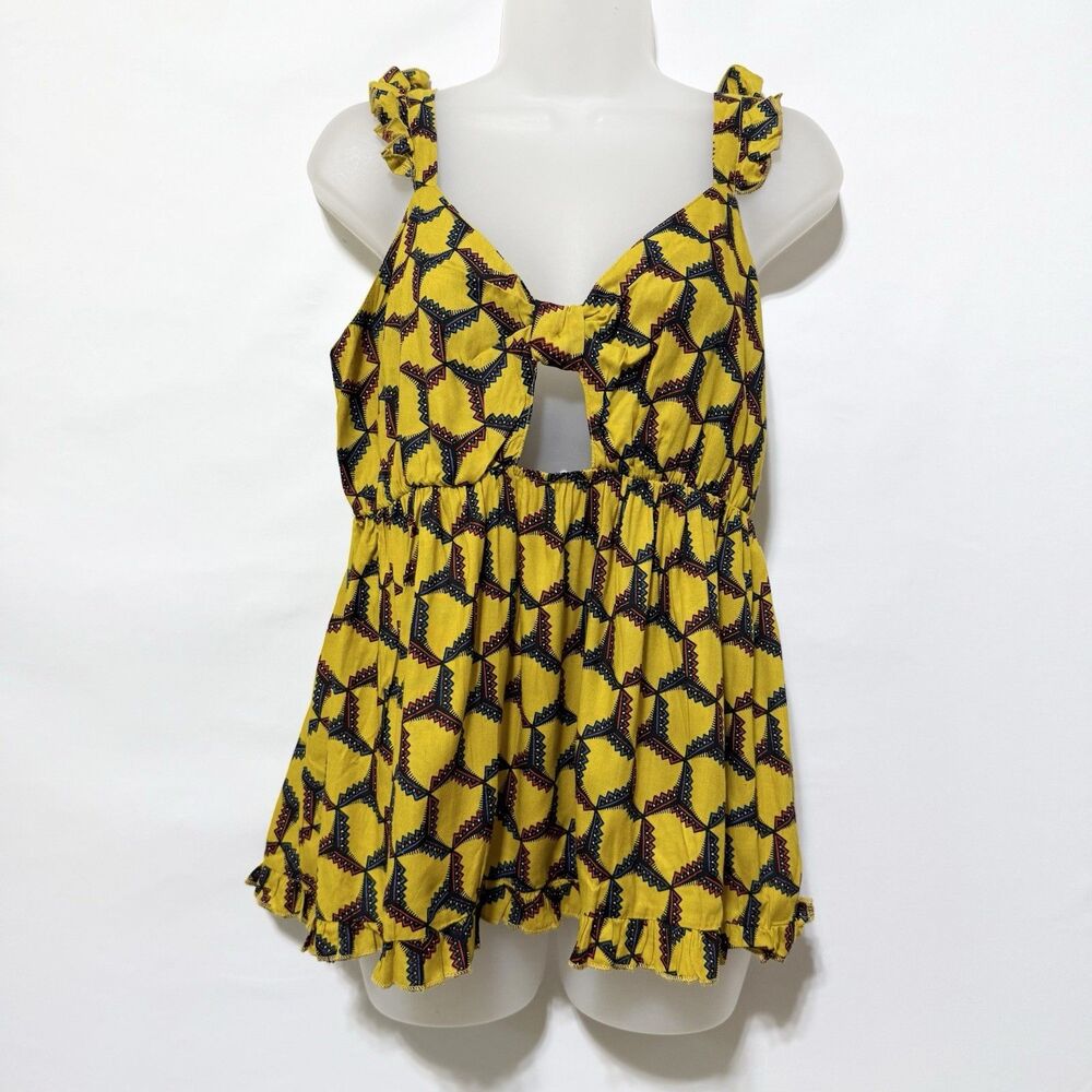 Iky & Me Yellow Boho Babydoll Top Ruffle Strap Cutout Smocked Size M